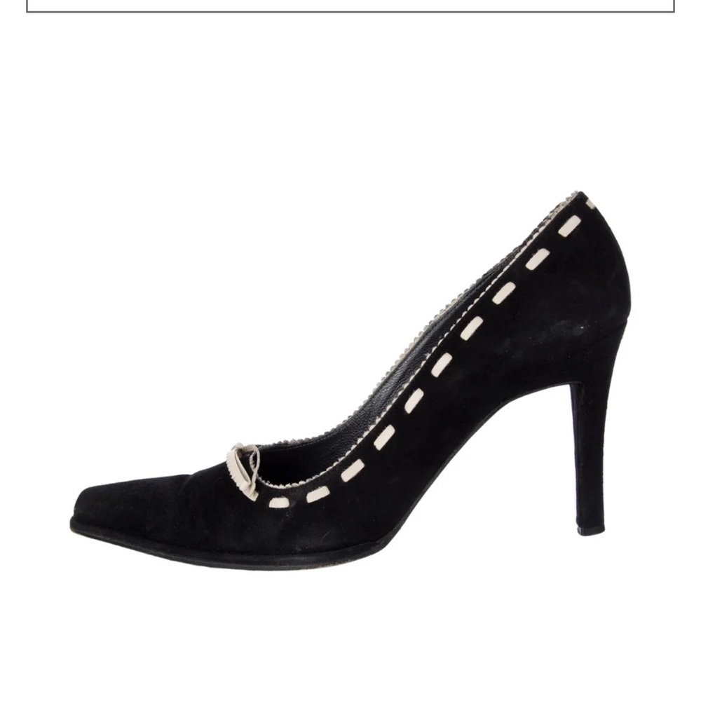 Stuart Weitzman Black & Cream Suede Pointed Toe Pumps Shoes Size 7M - Picture 12 of 13